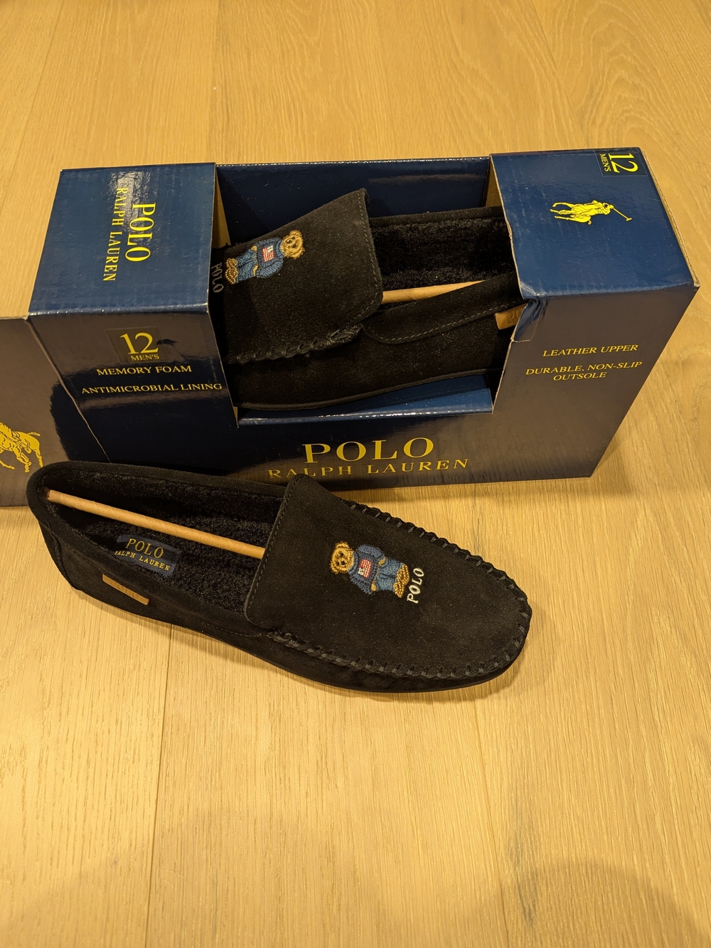Polo by Ralph Lauren Men’s Black Suede Bear Moccasin Slippers